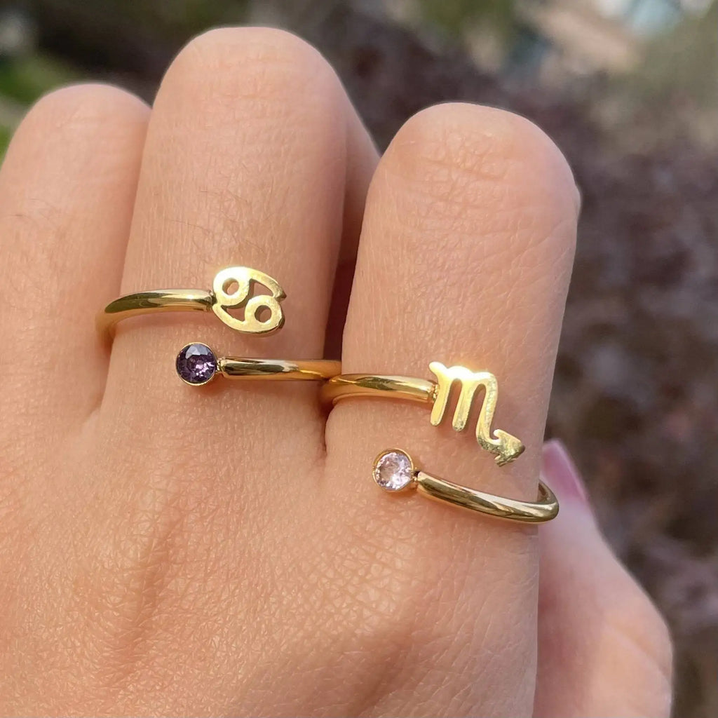 Bague Zodiaque Plaqué or 14K – Signe Astrologique en Zircon Pierre de naissance