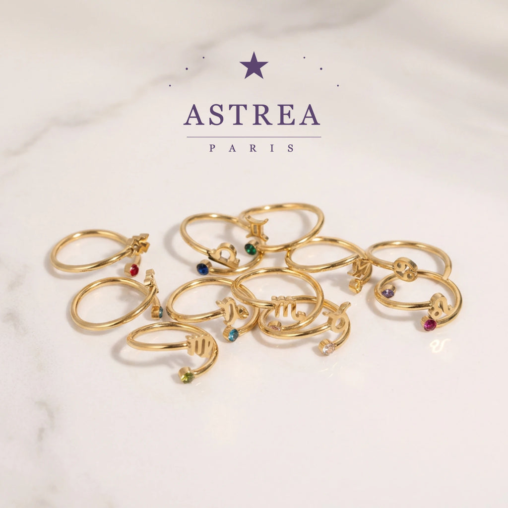 Bague Zodiaque Plaqué or 14K – Signe Astrologique en Zircon Pierre de naissance