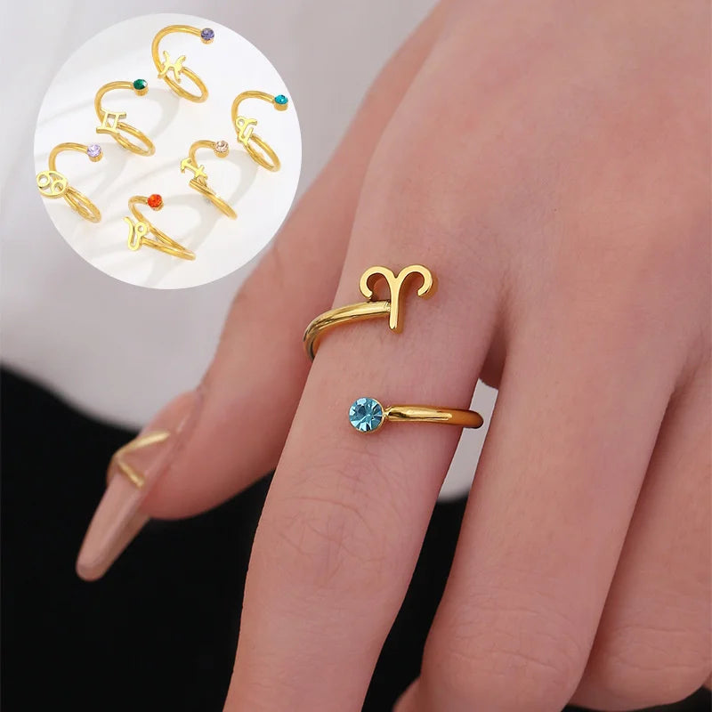 Bague Zodiaque Plaqué or 14K – Signe Astrologique en Zircon Pierre de naissance